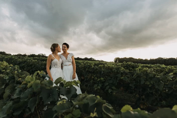 Mariées au milieu des vignes sous un ciel orageux